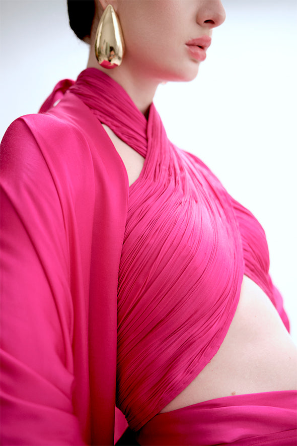 Handmade with modal satin fabric halter neck drape top in pink from Aroka.