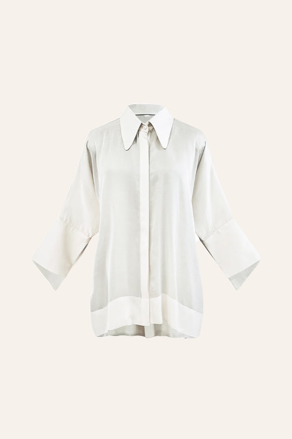 White Kimono Shirt, crafted from lightweight modal satin in off-white from Aroka.