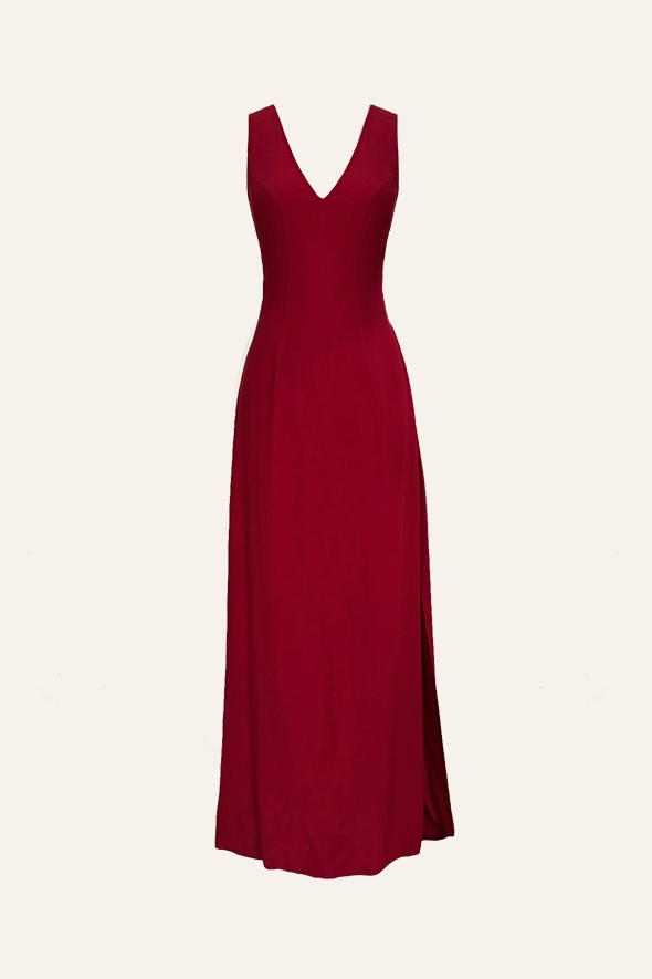 Chiffon Overlay Dress, Thigh-high slit dress in red from Aroka