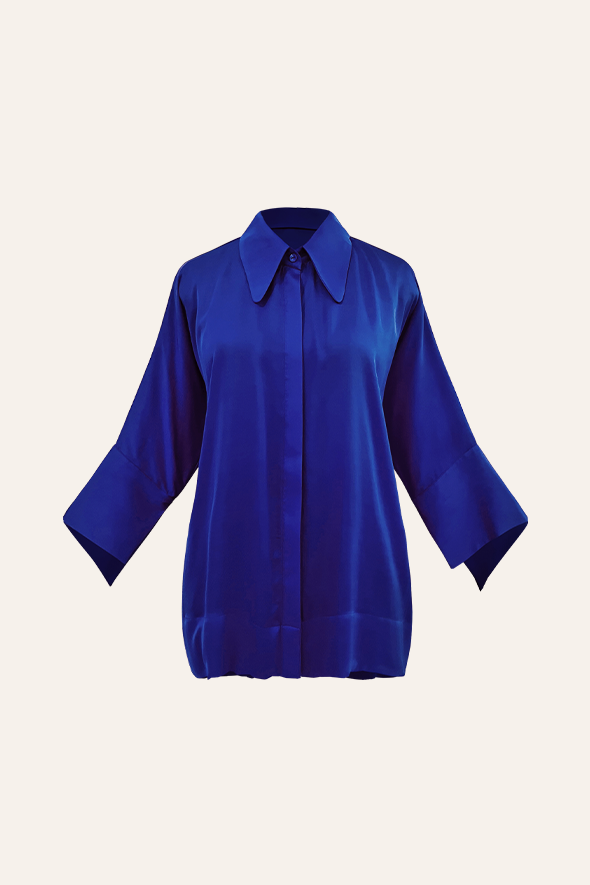 Blue Kimono Shirt, crafted from lightweight modal satin in blue from Aroka.