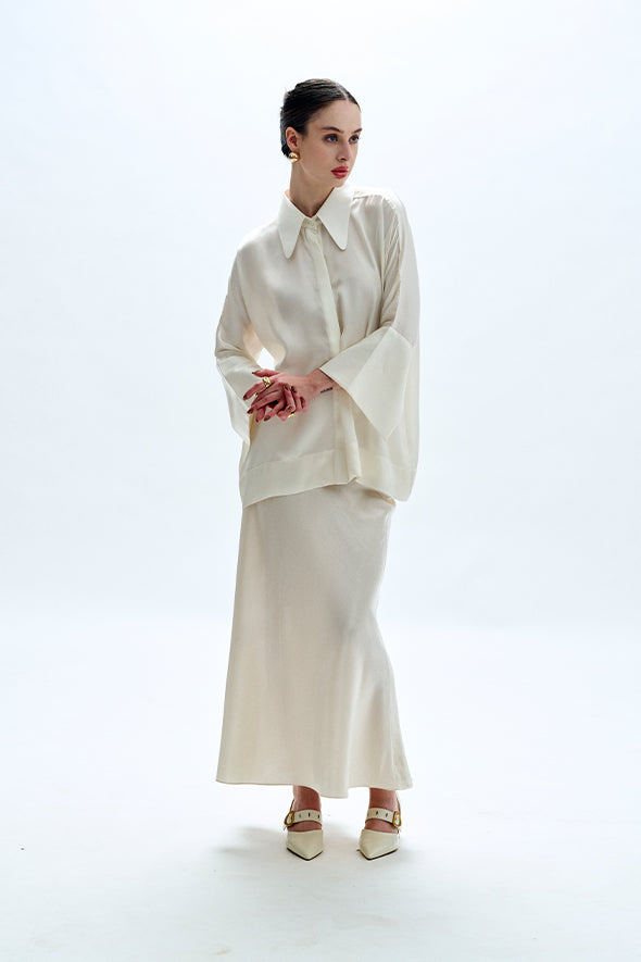 White Kimono Shirt, crafted from lightweight modal satin in off-white from Aroka.