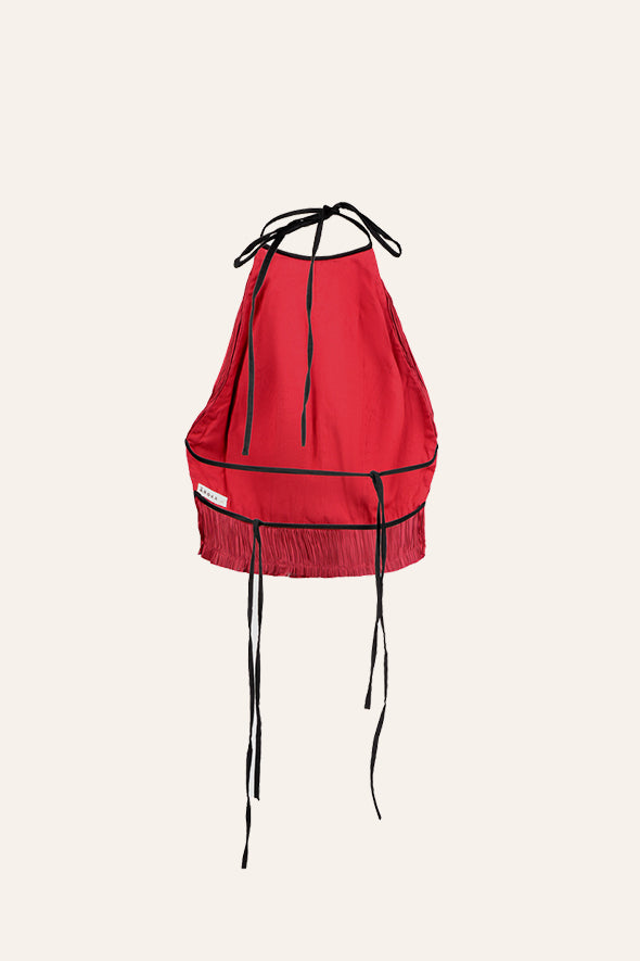 Modal satin ruched halter neck top with back tie-ups and black piping details in red by Aroka.