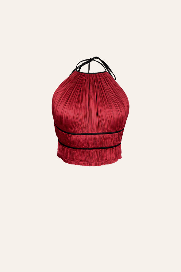 Modal satin ruched halter neck top with back tie-ups and black piping details in red by Aroka.