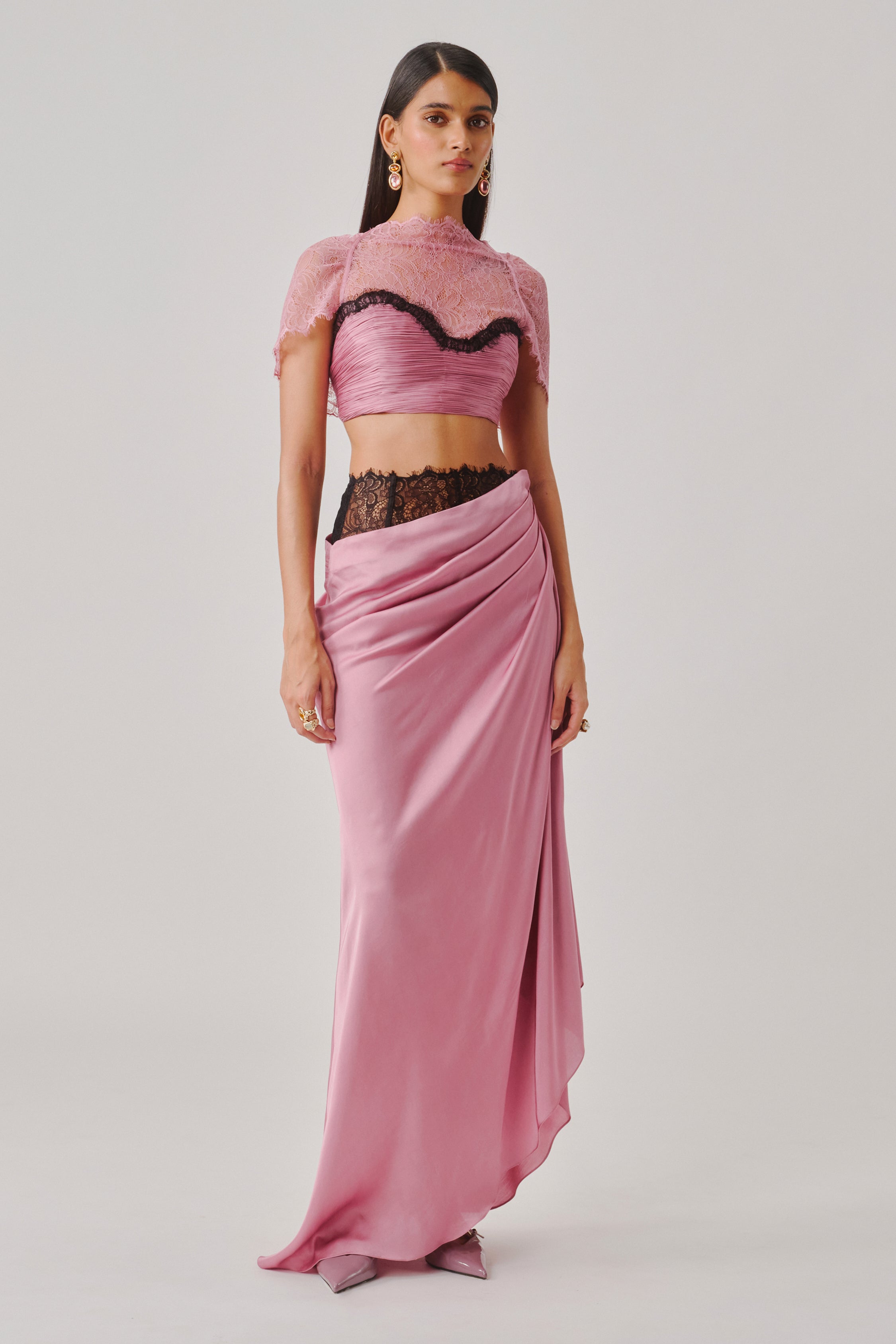 Model wearing Rosette Skirt, full length fashion shot