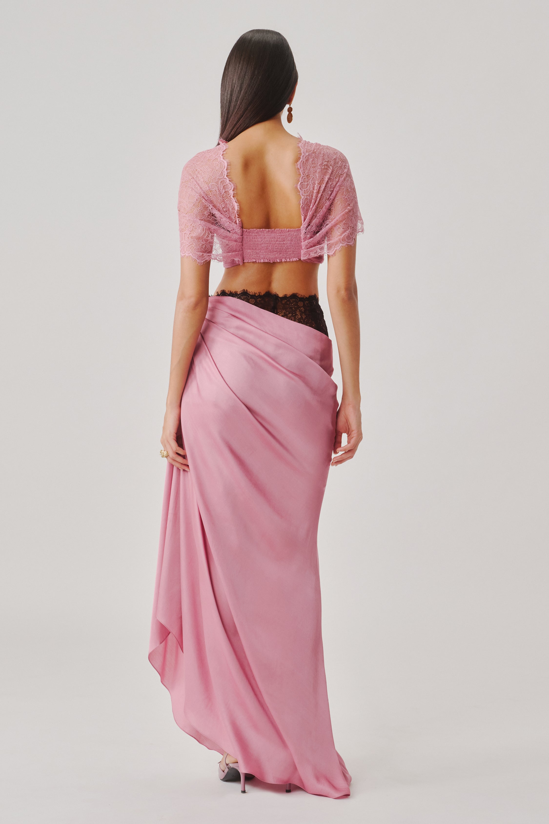 Rosette Skirt, close-up back view of rose print fabric texture