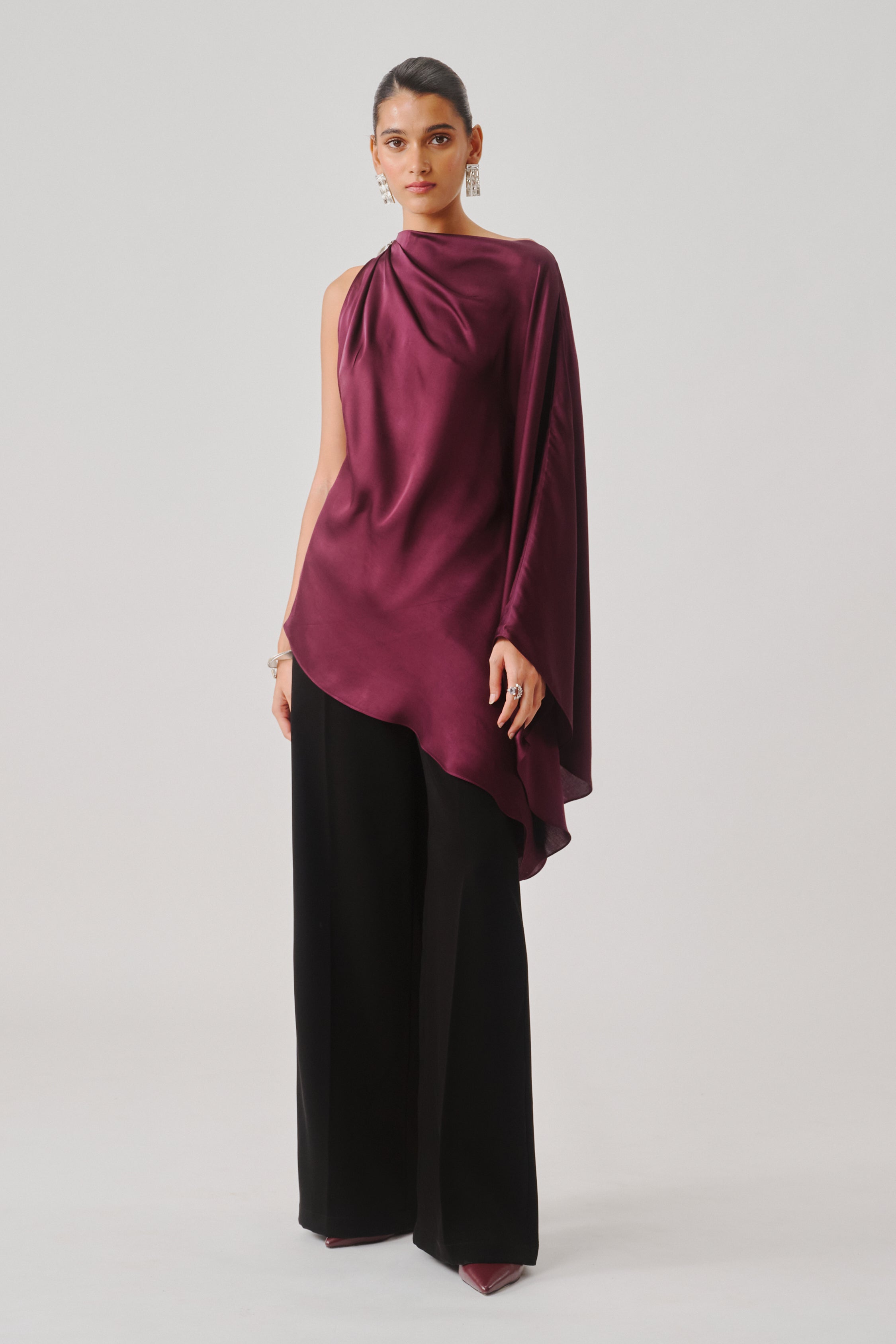 Dark Plum Drape Top, front view, elegant silk finish