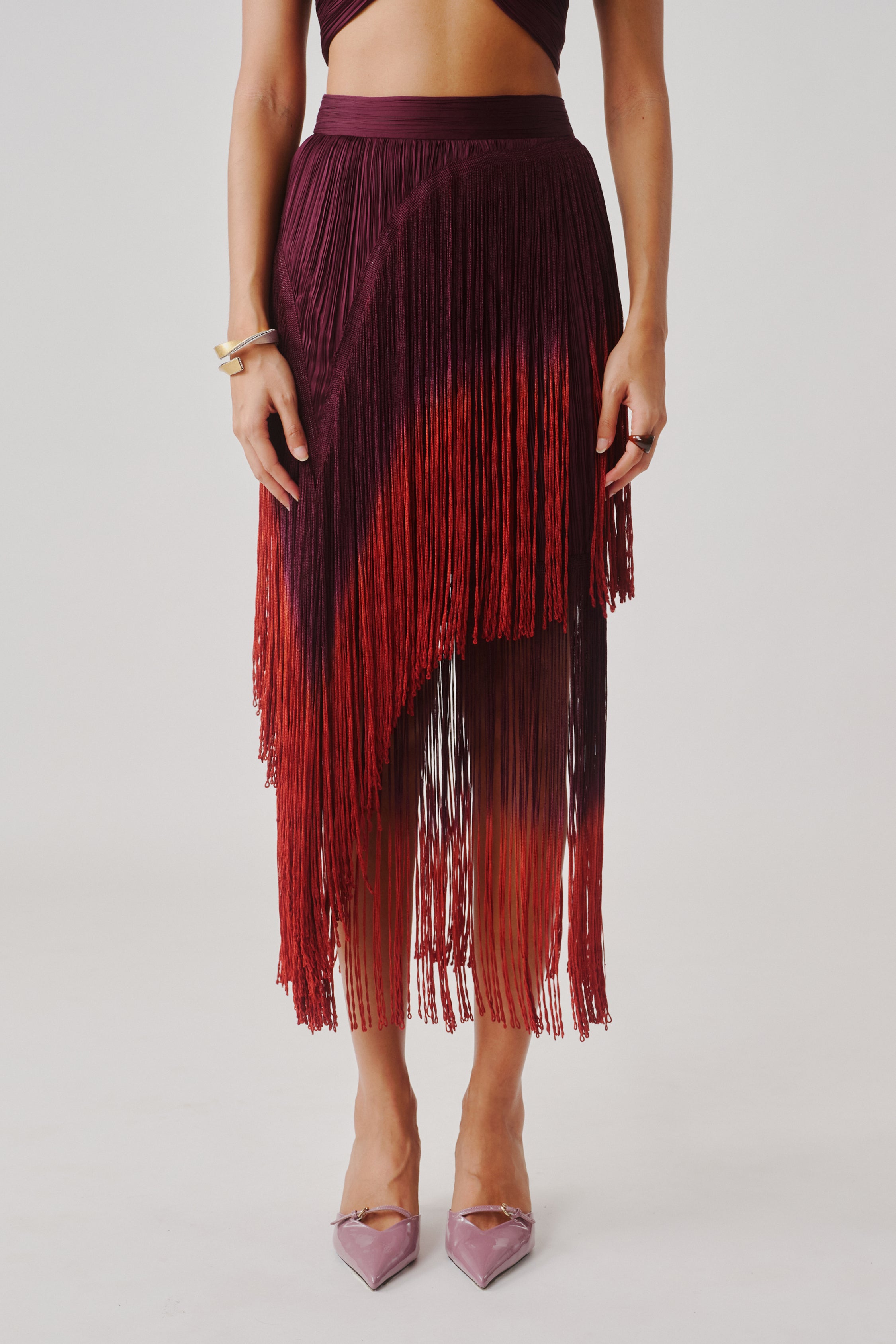 Burnt Wine Fringe Skirt