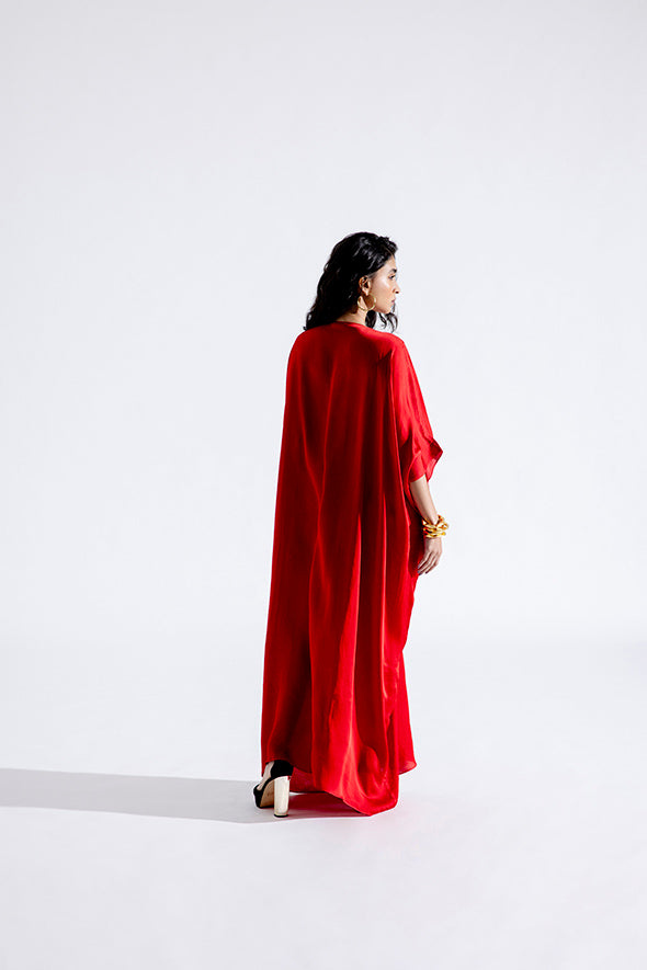 Comfortable modal satin Ruched V-neckline Kaftan Dress in Red from Aroka