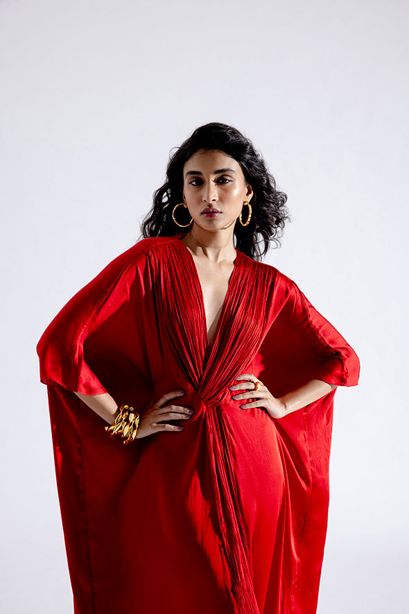 Comfortable modal satin Ruched V-neckline Kaftan Dress in Red from Aroka