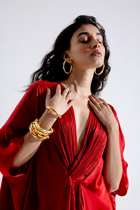 Comfortable modal satin Ruched V-neckline Kaftan Dress in Red from Aroka