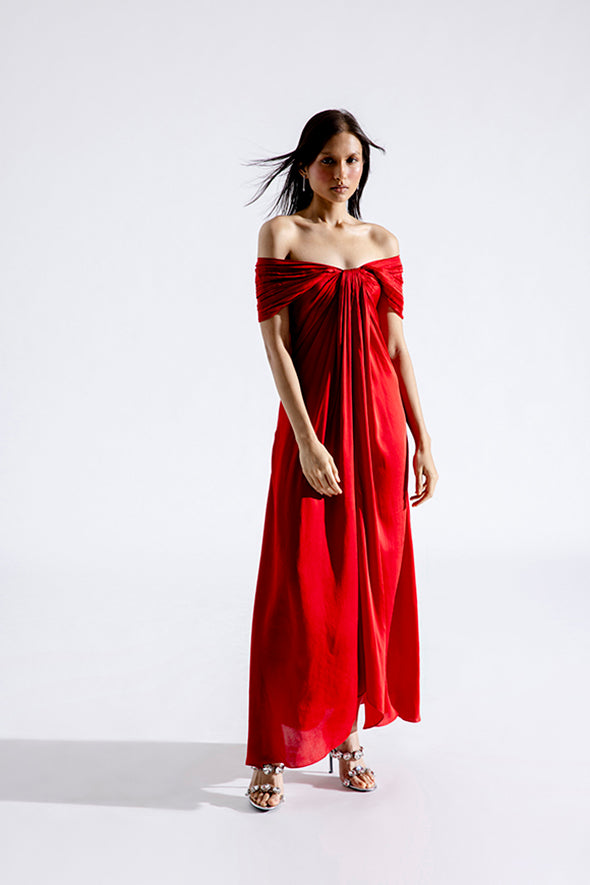 Red off-shoulder dress with back zip- modal satin dress from Aroka