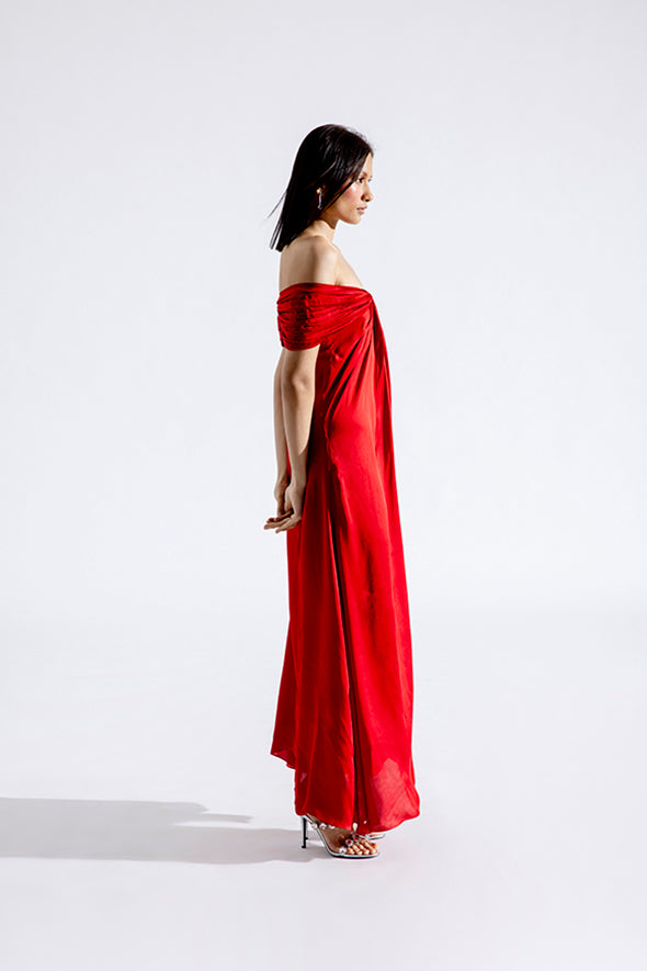 Red off-shoulder dress with back zip- modal satin dress from Aroka