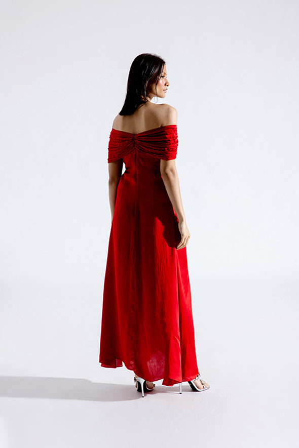 Red off-shoulder dress with back zip- modal satin dress from Aroka