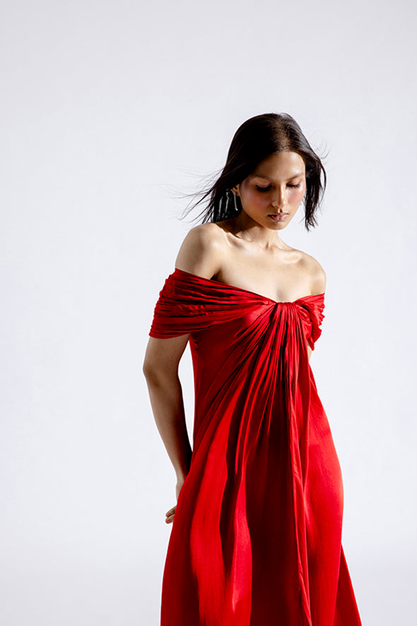 Red off-shoulder dress with back zip- modal satin dress from Aroka