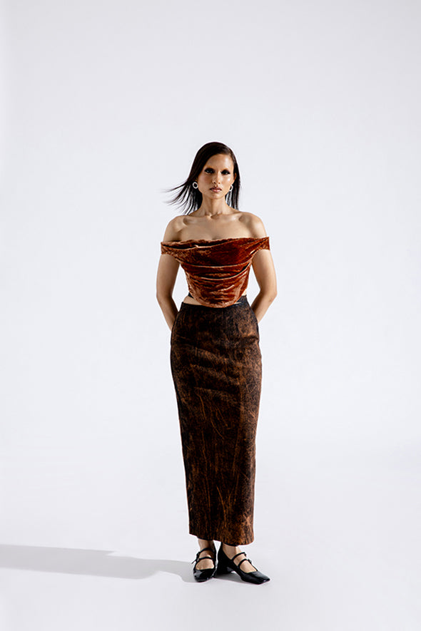 Rust grunge denim skirt