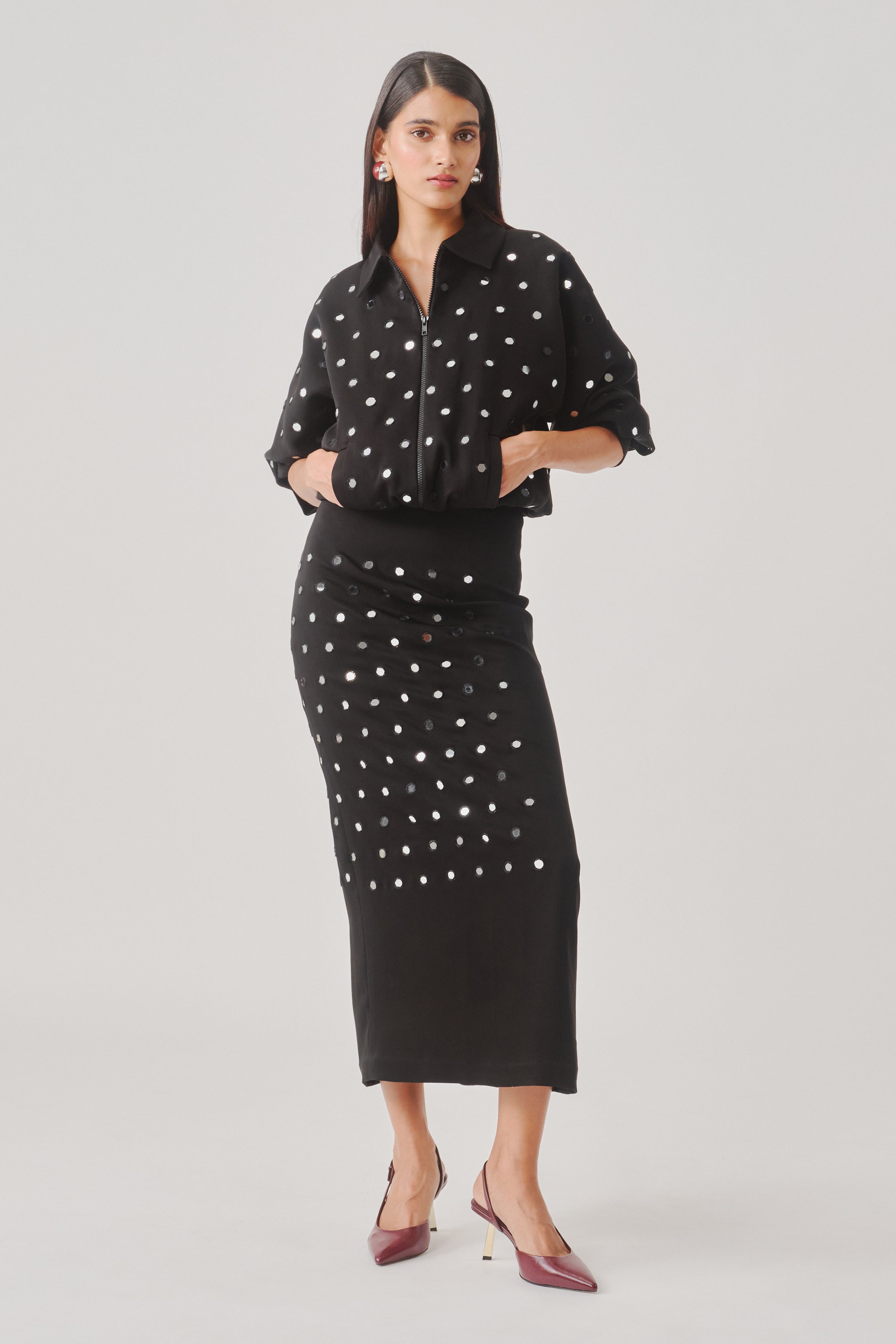 Front view of black Midnight Bling Bomber with glitter finish.