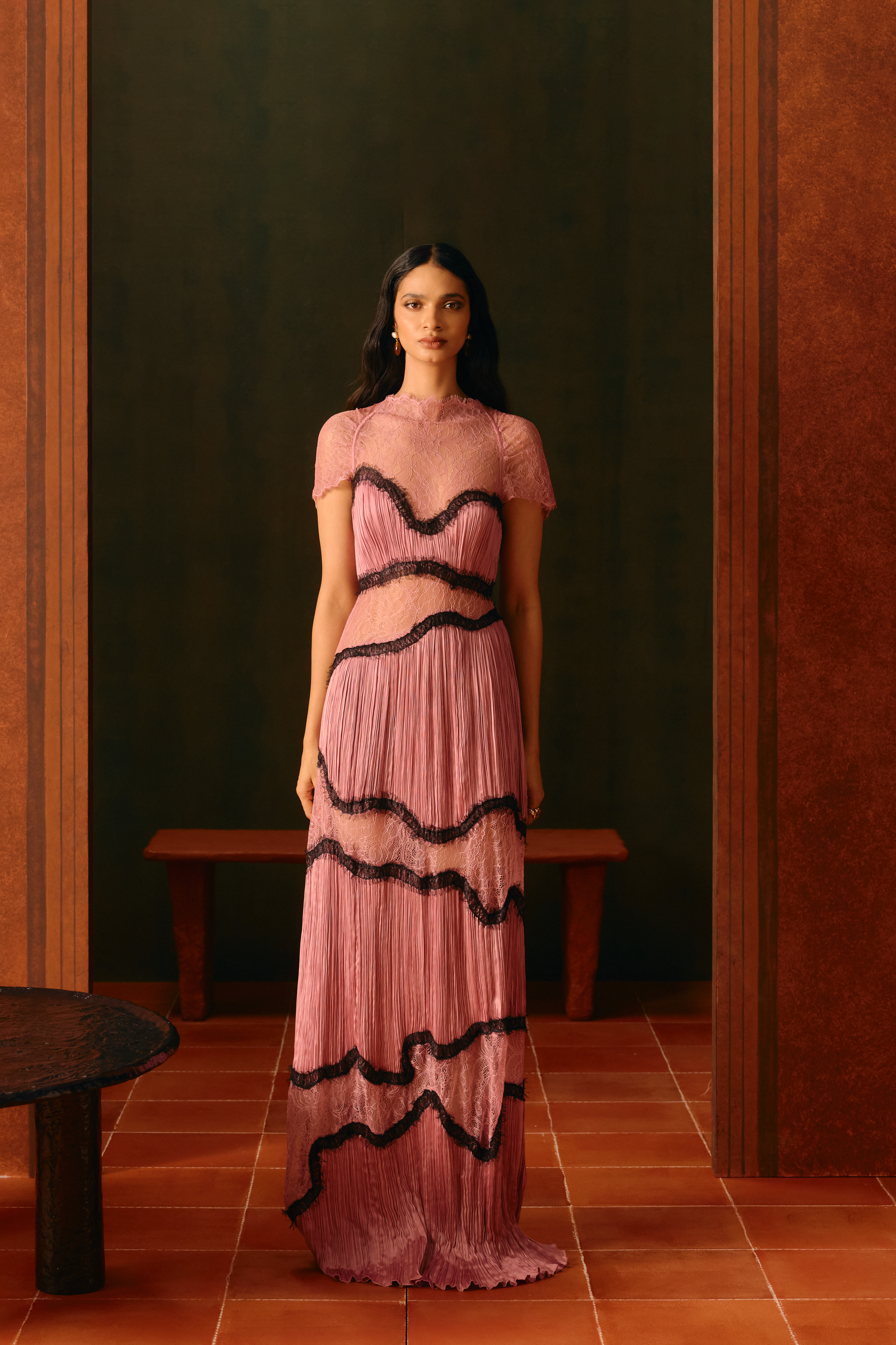 Rose Tide Gown, back view with train and detailing