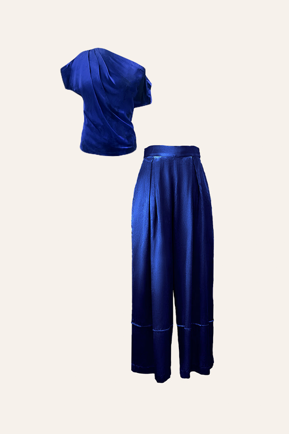 Off-shoulder cowl drape with pleated pants in blue from Aroka.