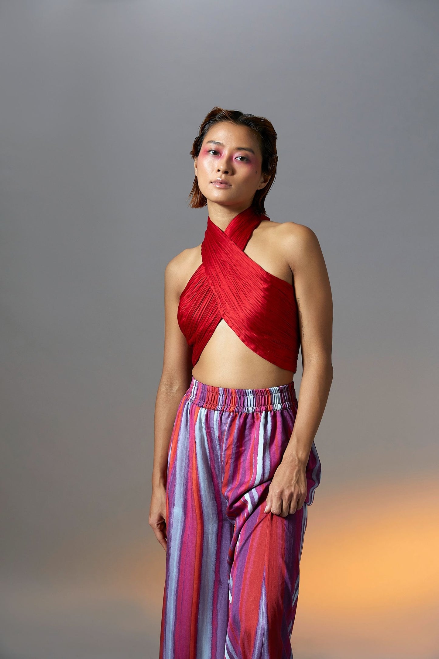 Hope Halter with elastic back- Handmade with modal satin fabric halter neck drape top in red from Aroka.