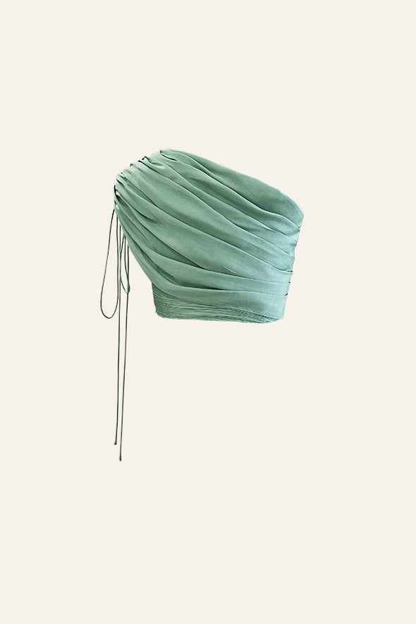 Duckegg Blue pastel top with ruching details and adjustable sleeves with drawstrings from Aroka.