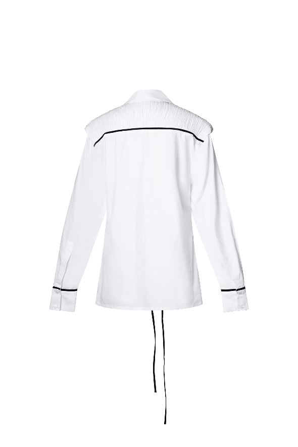 White poplin shirt with ruched yoke and neck tie-up