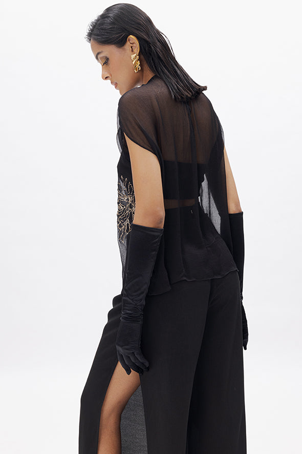 Sheer chiffon top with zari hand embroidery layering over a black stretch satin tube top from Aroka.