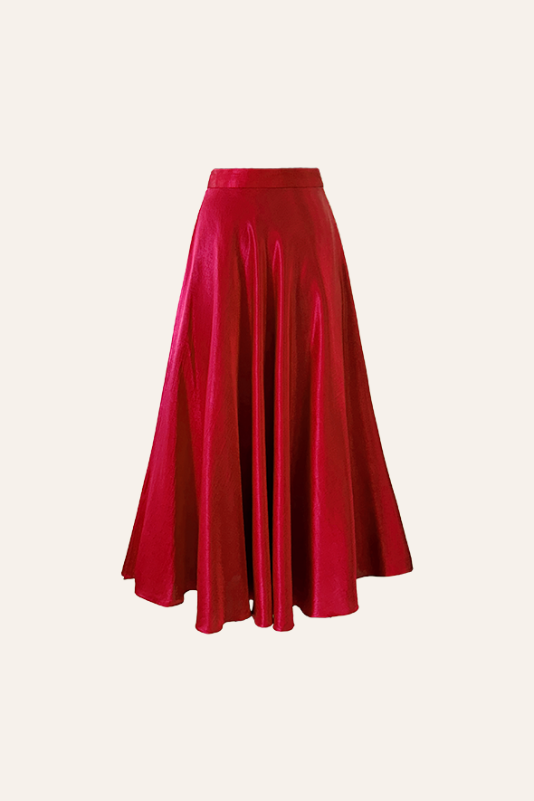 Red flared skirt crafted from mashru fabric with side zipper from Aroka.