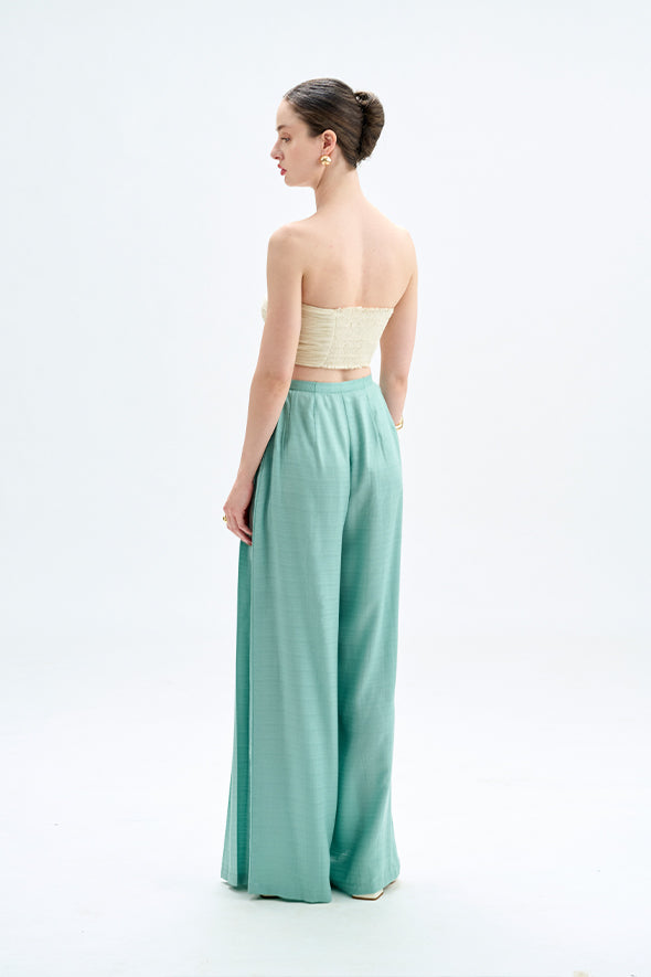 Duckegg blue pleated pants, crafted from soft Dobby Tencel fabric by Aroka.