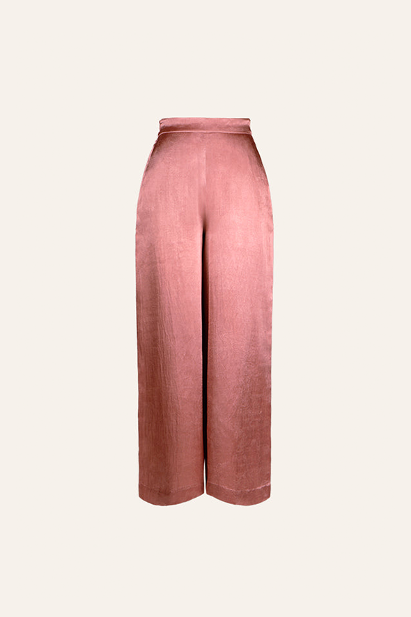 Rose gold pants from Aroka, made in vegan mashru featuring wide-legged fit with side zipper.