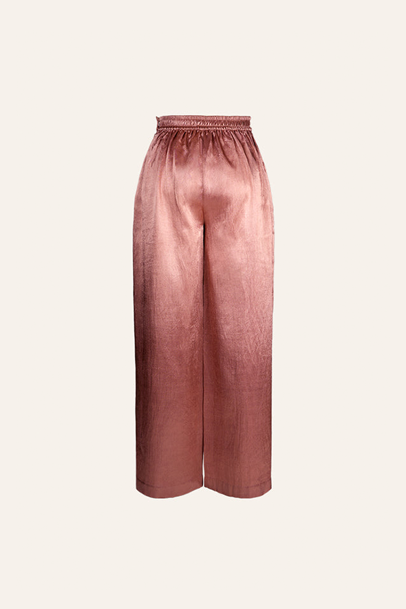 Rose gold pants from Aroka, made in vegan mashru featuring wide-legged fit with side zipper.