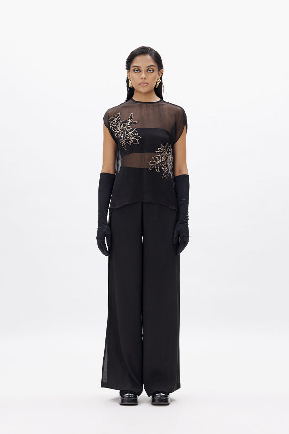 Sheer chiffon top with zari hand embroidery layering over a black stretch satin tube top from Aroka.
