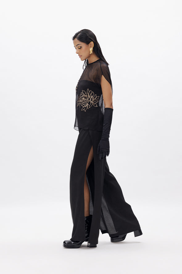Sheer chiffon top with zari hand embroidery layering over a black stretch satin tube top from Aroka.