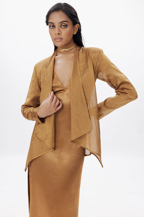 Handwoven Zari tissue jacket for cocktail events, festive celebrations by Aroka.