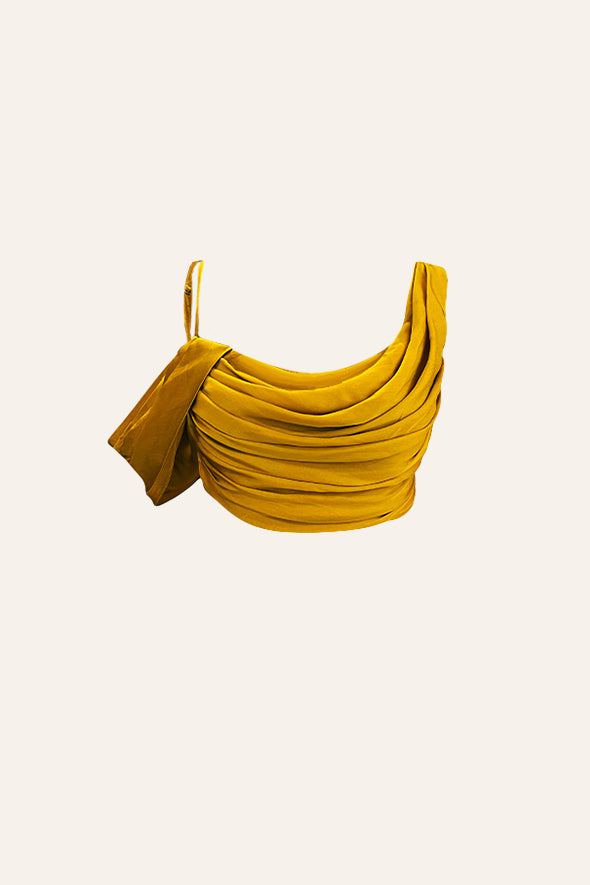Mustard Crop Top featuring a detachable draped sleeve and elegant cowl neckline from Aroka.