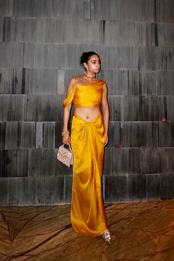 Mustard Crop Top- detachable draped sleeve and cowl neckline with the Mustard Sarong- multiway draped skirt from Aroka.
