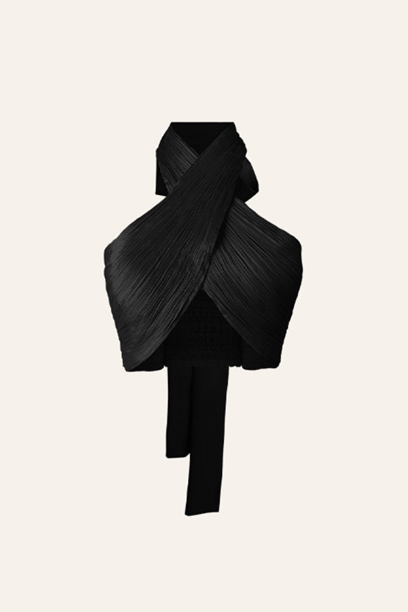 Handmade with modal satin fabric halter neck drape top in black from Aroka.