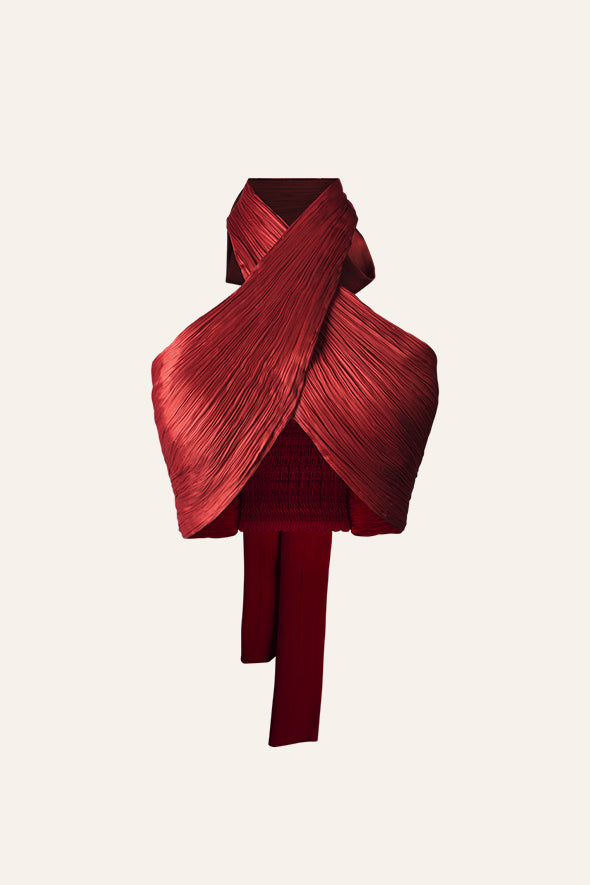 Handmade with modal satin fabric halter neck drape top in red from Aroka.