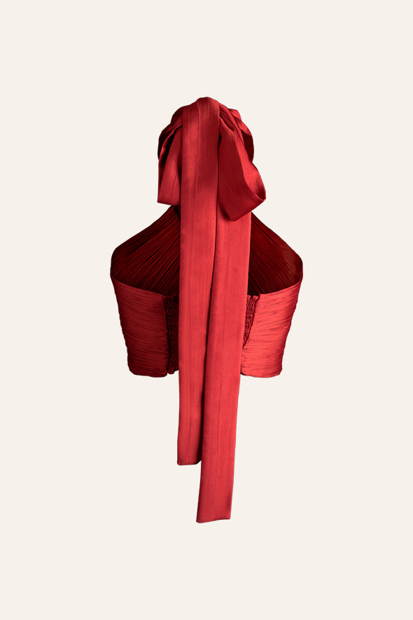 Handmade with modal satin fabric halter neck drape top in red from Aroka.