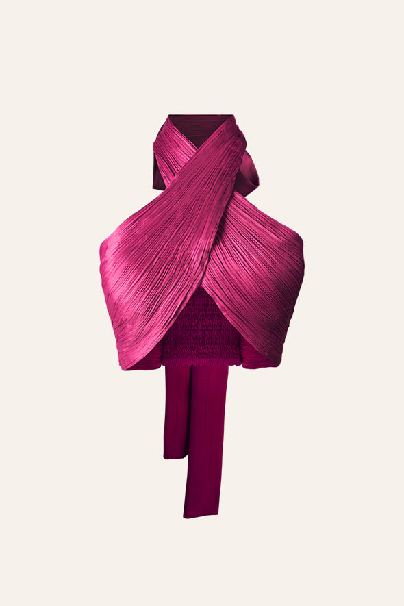 Handmade with modal satin fabric halter neck drape top in pink from Aroka.