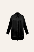 Full-sleeve black modal satin shirt featuring a high-low hem with an apple cut from Aroka.