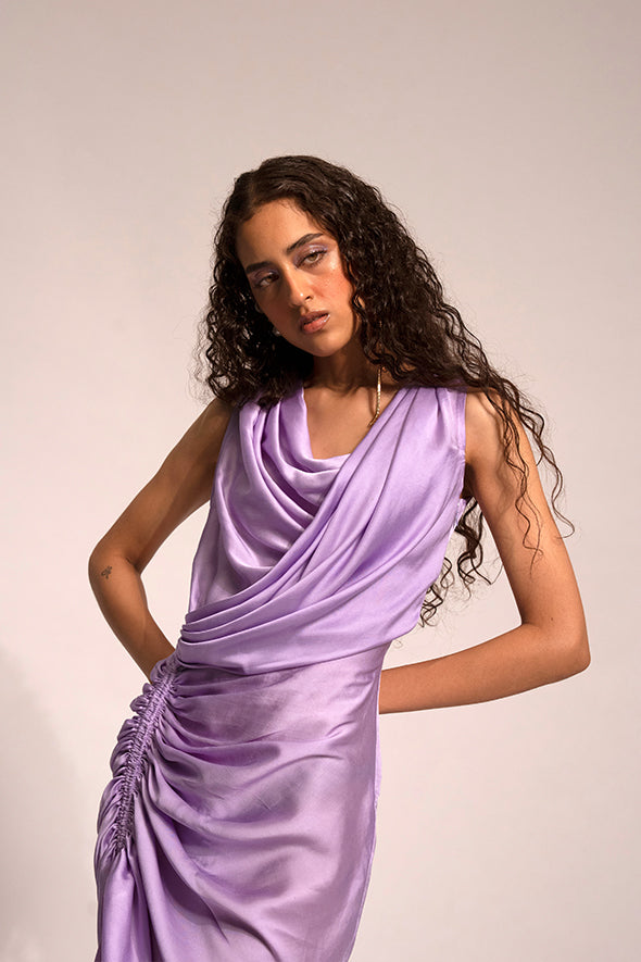 Lavender Cowl neck dress with drawstring details at bottom by Aroka.