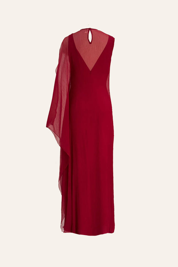 Chiffon Overlay Dress, Thigh-high slit dress in red from Aroka