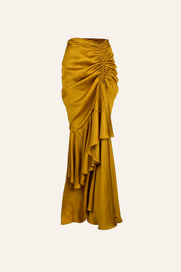 Yellow Skirt with ruffled hem and drawstring details at front by Aroka.