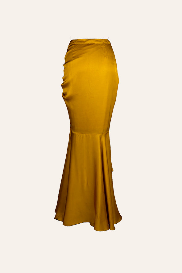Yellow Skirt with ruffled hem and drawstring details at front by Aroka.