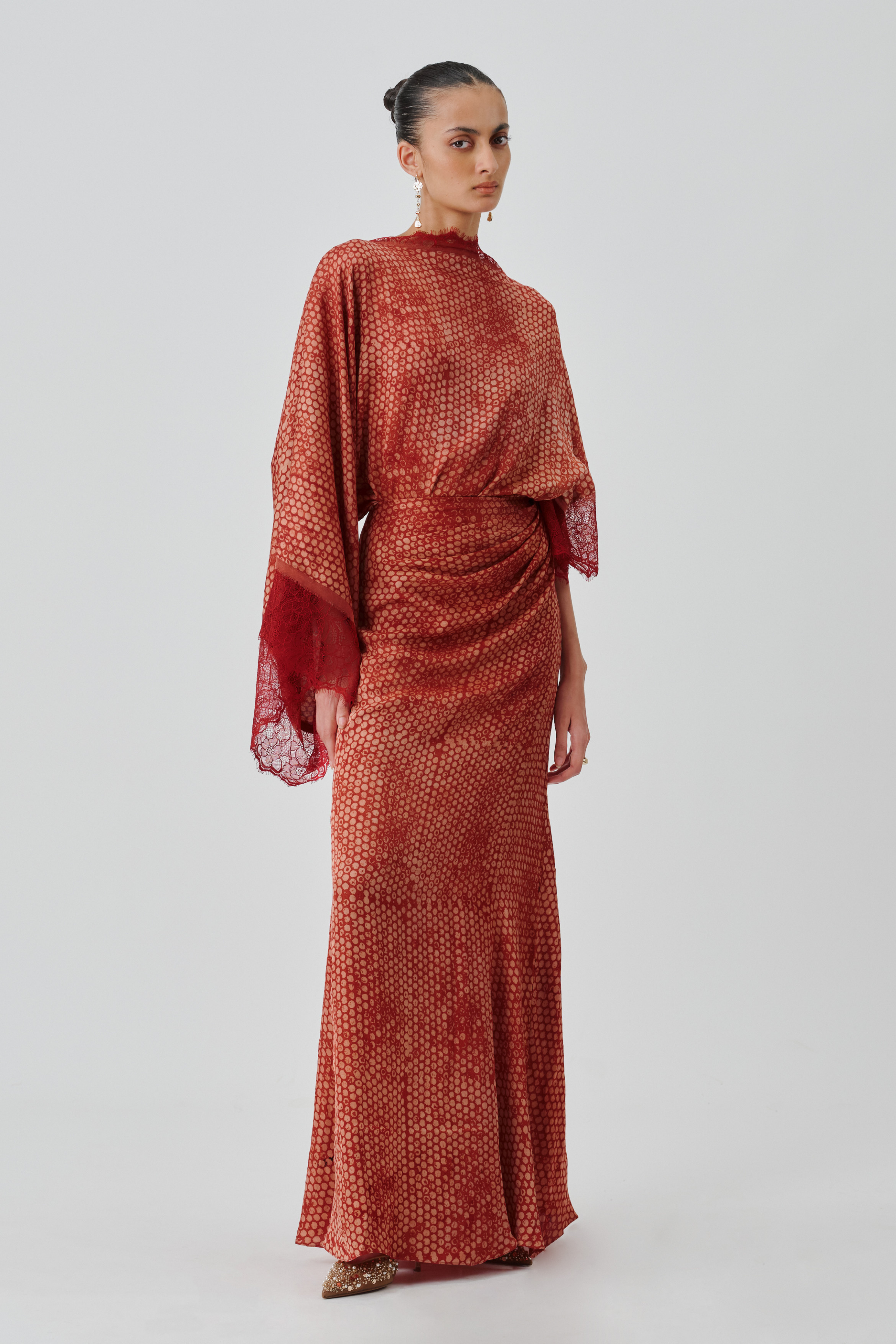 Model wearing mehr dress, showcasing the full view