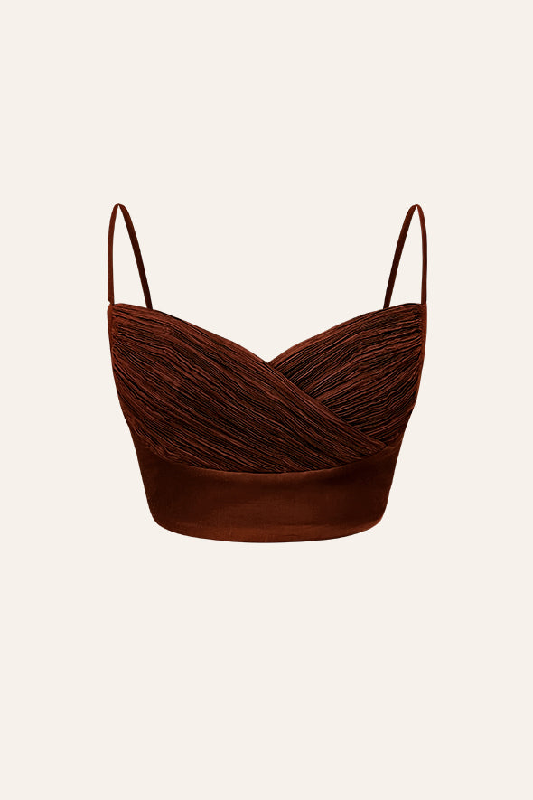 Merlot Crop Top- Modal Satin Ruched Crop Top in Brown from Aroka.