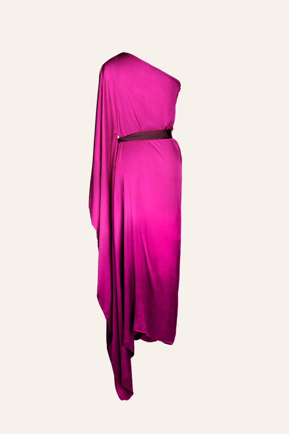 Versatile vegan satin, luxuriously soft one-shoulder kaftan dress in Ombre Pink from Aroka