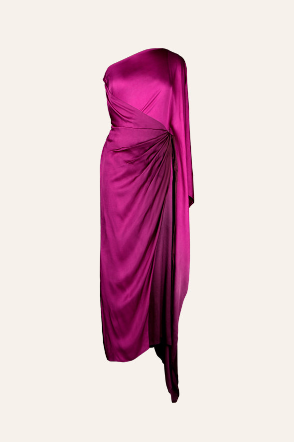 Versatile vegan satin, luxuriously soft one-shoulder kaftan dress in Ombre Pink from Aroka