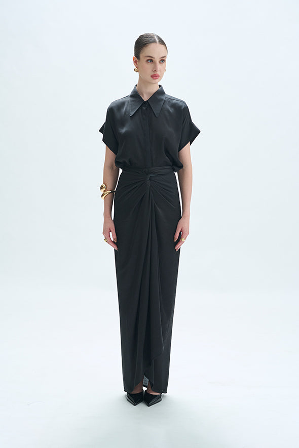 Short sleeve Kimono Shirt with multiway draped skirt and sarong in black from Aroka.