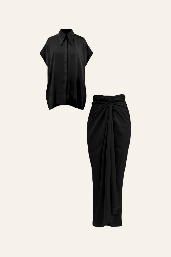 Short sleeve Kimono Shirt with multiway draped skirt and sarong in black from Aroka.